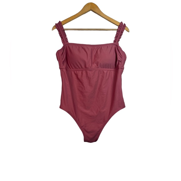 Kona Sol Pink Ruffle Square Neck One Piece Swimsuit Size L - Picture 1 of 9